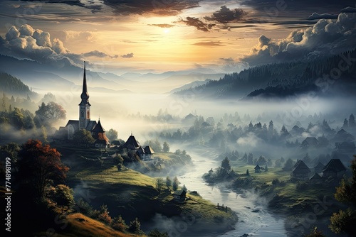 Nature of Poland. Landscape with a church by the river. Village in the fog. Generative AI Art. Beautiful view. © Sci-Fi Agent