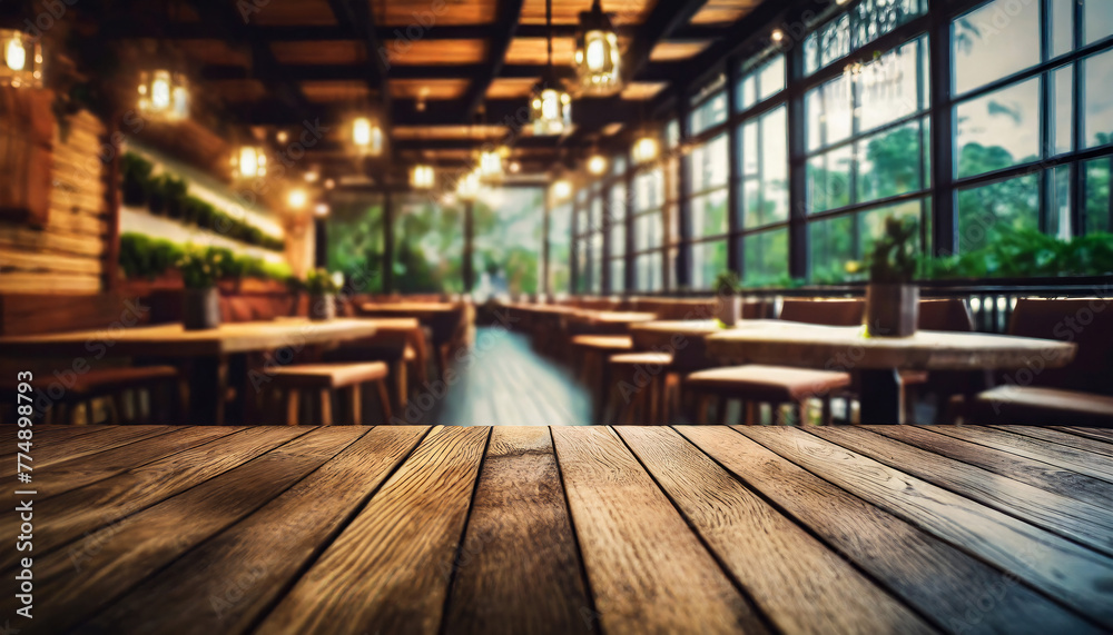 Wood background with a restaurant view , copyspace  banner