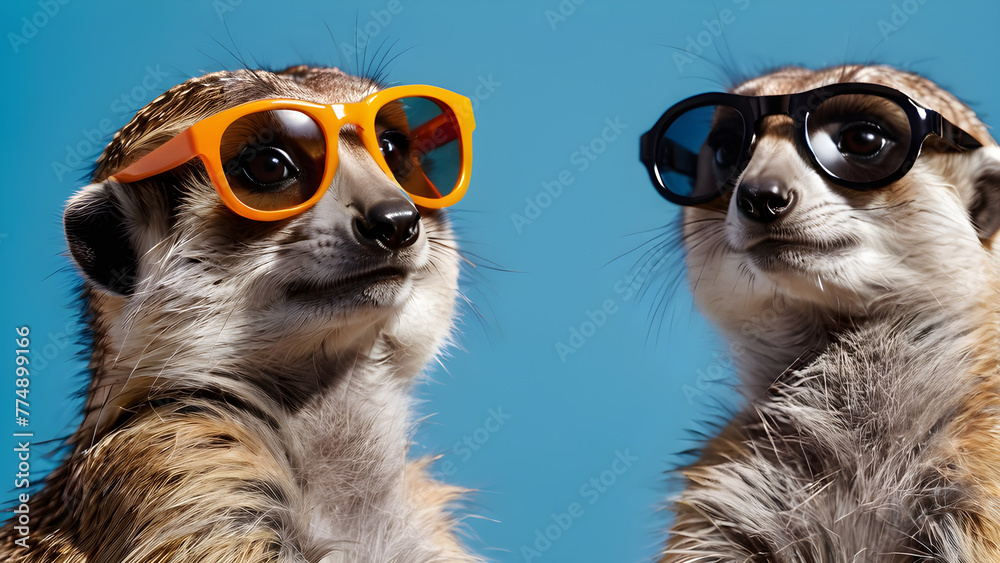 meerkats on a blue background wearing sunglasses. copy space, text space. for postcards, banners