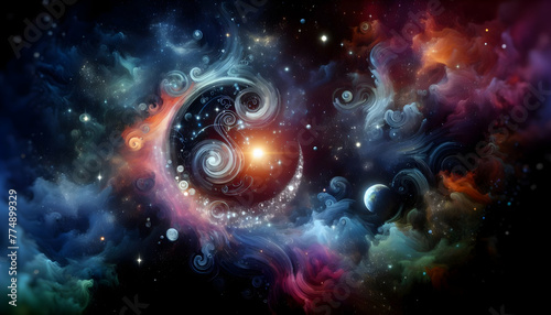 Cosmic Dance Vivid swirls of cosmic dust and bright nebulae. in financial growth and innovation abstract theme ,Full depth of field, clean bright tone, high quality ,include copy space, No noise, crea
