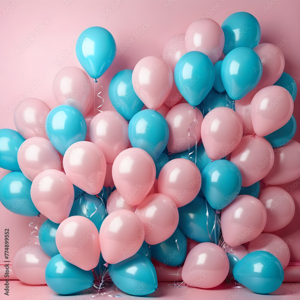 light blue pink festive balloons. copy space, text space. background for a postcard, banner light blue pink festive balloons. copy space, text space. background for a postcard, banner