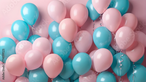light blue pink festive balloons. copy space, text space. background for a postcard, banner