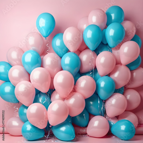 light blue pink festive balloons. copy space, text space. background for a postcard, banner