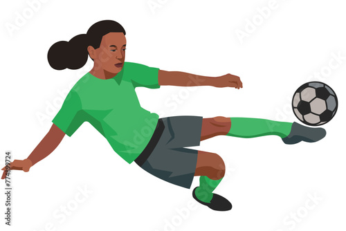 South African girl women's football player in a green sports uniform jumps to hit the ball