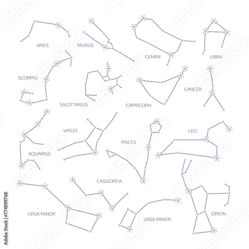 Set of zodiacal and other constellations isolated on white background