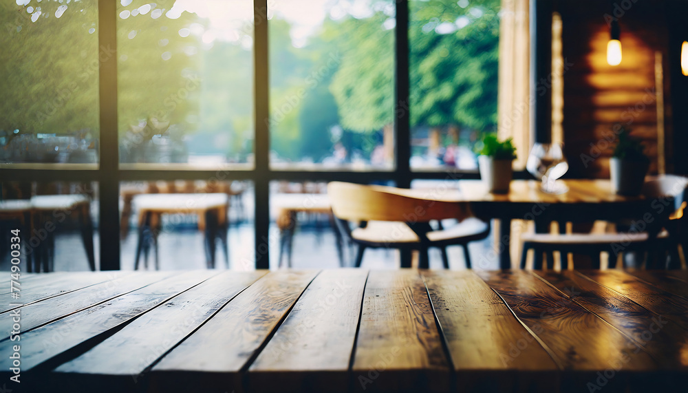 Wood background with a restaurant view , copyspace banner Wood background with a restaurant view , copyspace banner