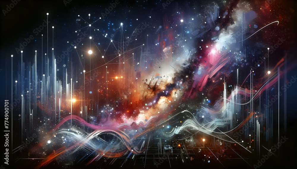 Galactic Brushstrokes Strokes and splatters that evoke the Milky Way. in financial growth and innovation abstract theme ,Full depth of field, clean bright tone, high quality ,include copy space, No no