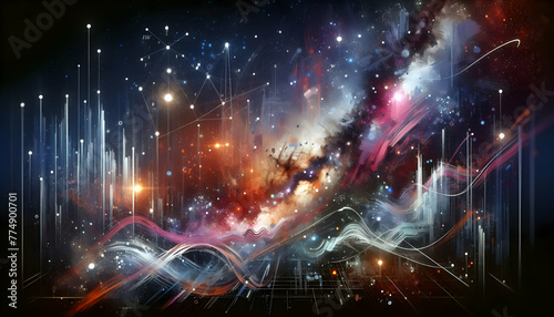 Galactic Brushstrokes Strokes and splatters that evoke the Milky Way. in financial growth and innovation abstract theme ,Full depth of field, clean bright tone, high quality ,include copy space, No no