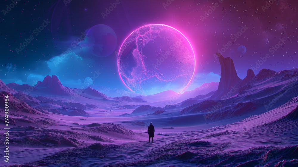 Mystical Desert Planet in the Universe  in neon colors
