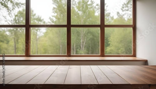 Empty wooden table with green trees background