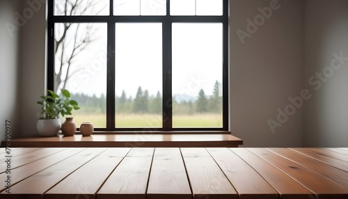 Empty wooden table with green trees background