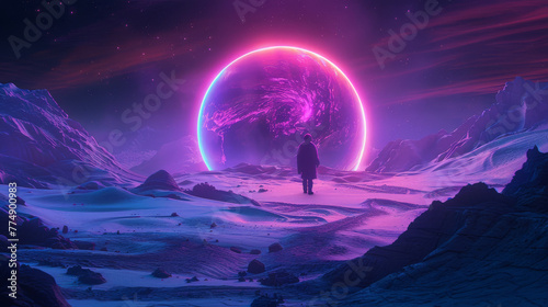 Mystical Desert Planet in the Universe in neon colors 