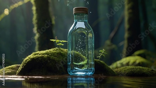A closed bottle of crystal clear water in the heart of a pristine forest.