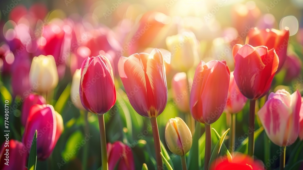 Field of tulips under a radiant sun each petal basking in light