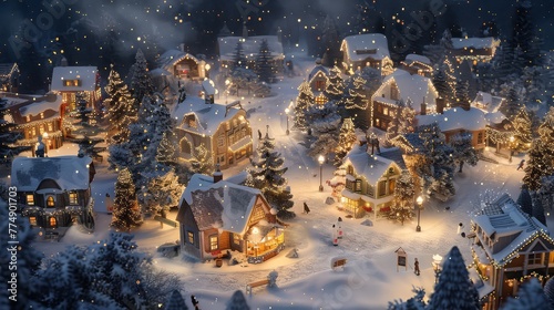 A charming holiday village scene dusted with snow and adorned with twinkling lights, with quaint cottages, a festive town square, and a bustling market, evoking the timeless charm of traditional holid