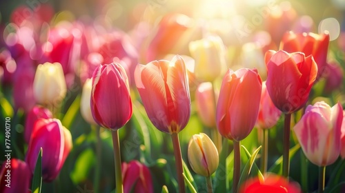 Field of tulips under a radiant sun each petal basking in light