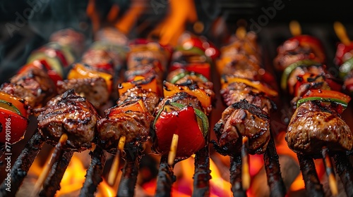 Close shot of delicious Shish kebabs grilling on grill with a space for text or product, Generative AI.