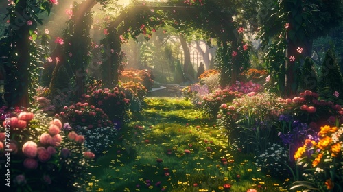 Vivid garden where flowers bloom in perpetual magic