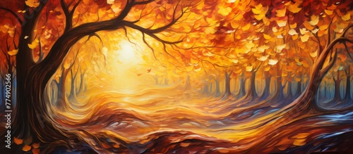 A beautiful artistic representation of a lone tree with vibrant orange and yellow leaves in the fall season