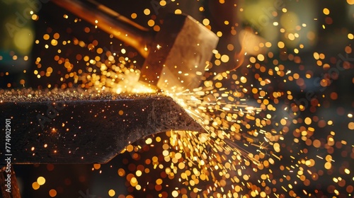 Hammer meets red-hot metal on anvil in a burst of sparks © HappyTime 17