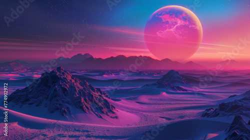 Mystical Desert Planet in the Universe in neon colors