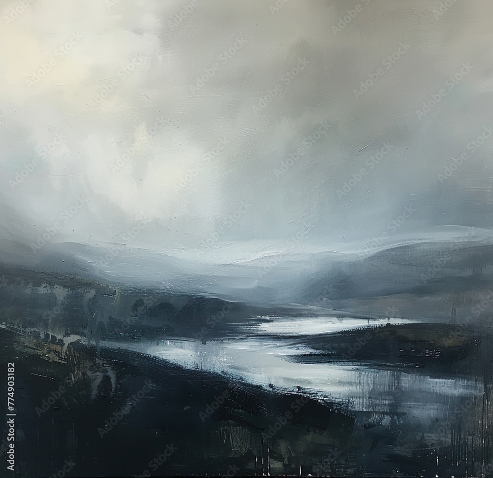 Gemälde einer skandinavischen Landschaft, Berg, Tal und See, Himmel mit Wolken, düster und melancholisch, Kulisse für Krimi und Thriller