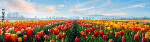 Sun-kissed tulip field stretching into the horizon #774903315