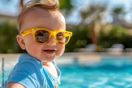 a baby wearing yellow sunglasses © White