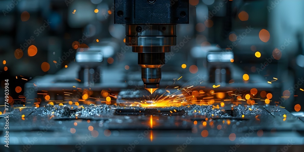 CNC milling machine creating metal part with sparks in hightech manufacturing process. Concept CNC Milling, Metal Fabrication, Manufacturing Process, High-Tech Industry, Sparks Flying - obrazy, fototapety, plakaty 