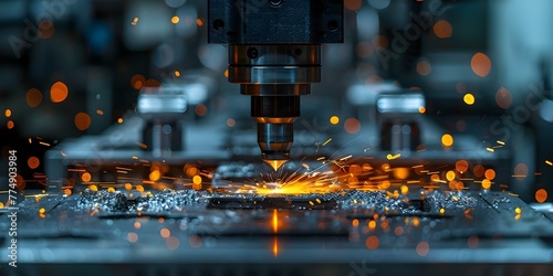 CNC milling machine creating metal part with sparks in hightech manufacturing process. Concept CNC Milling, Metal Fabrication, Manufacturing Process, High-Tech Industry, Sparks Flying photo