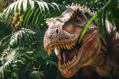 Angry dinosaur in a lush green setting