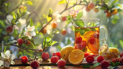 Close shot of fruit tea kept on a wooden table with lots of fruit surrounding it with space for text or product, Generative AI.