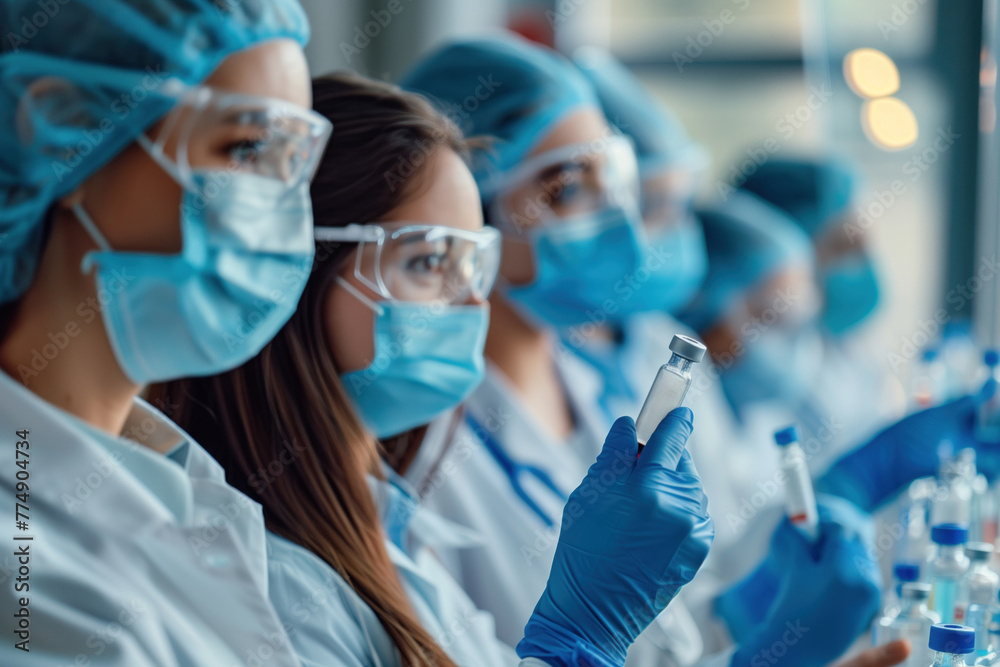 Healthcare professionals examining medical vials Healthcare professionals examining medical vials