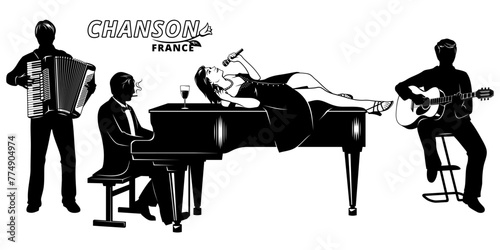 French Chanson Band Silhouettes. Woman singing by laying on a piano. Musicians accompany her on a piano, accordion and acoustic guitar. Vector cliparts isolated on white.