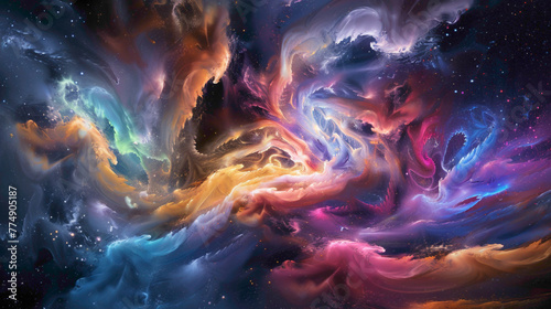 Swirling galaxies of color merging and colliding in a cosmic ballet of creation.