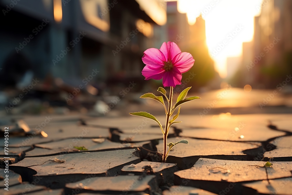 Little plant growing on cracked ground with sunset background
