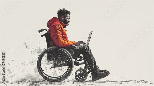 A disabled man in a wheelchair with a laptop on a white background photo