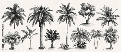 Collection of hand drawn palm trees with several sizes and shapes trees in backdrop with space  Generative AI.