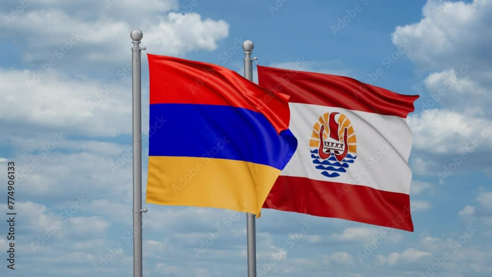 French Polynesia and Armenia two flags waving together, looped video, two country relations concept