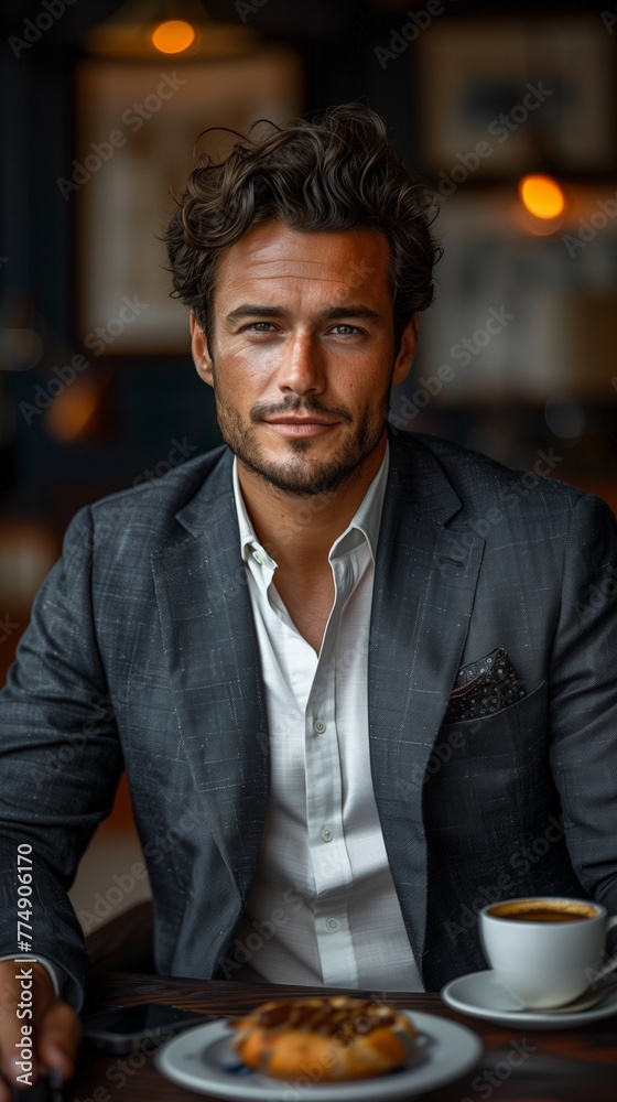 European man sits at his office desk with a cup of coffee in hand European man sits at his office desk with a cup of coffee in hand
