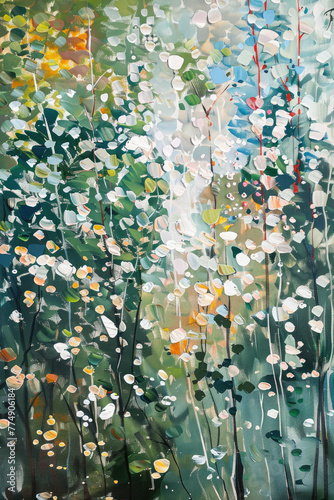 Abstract painting of lots of trees with leaves and white flowers with depth of field, impressionist art style, illustration made with Generative Ai