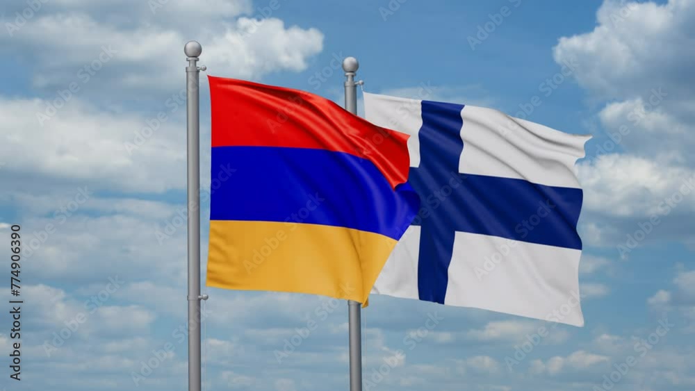 Finland and Armenia two flags waving together, looped video, two country relations concept