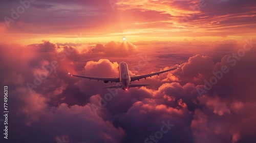 Commercial aircraft flying above the beautiful cloud sea at sunset