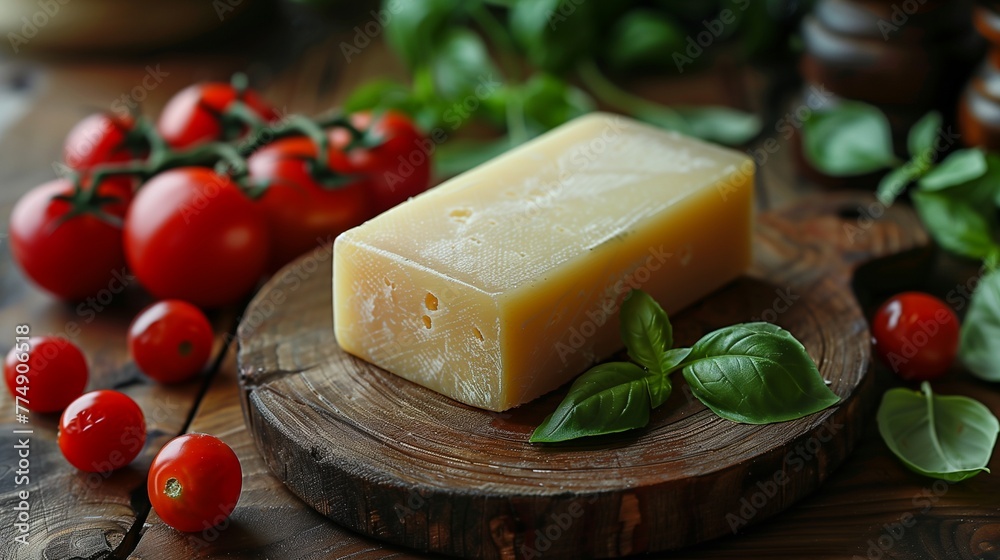wooden round board holds a rectangular cheese piece alongside cherry tomatoes and basil wooden round board holds a rectangular cheese piece alongside cherry tomatoes and basil