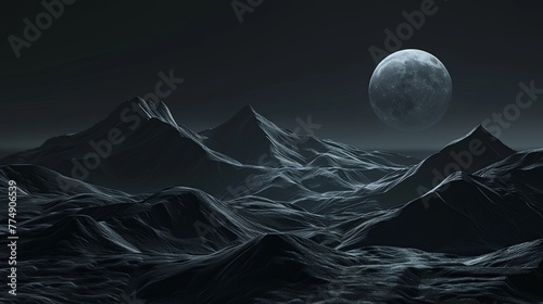 Minimal dark textured landscape background. Mountains and moon, night sky. 