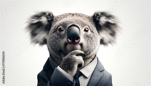 アゴに手をあてて考えるスーツを着たコアラ photo