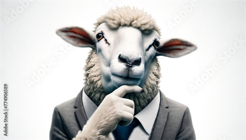 アゴに手をあてて考えるスーツを着た羊 © shiro