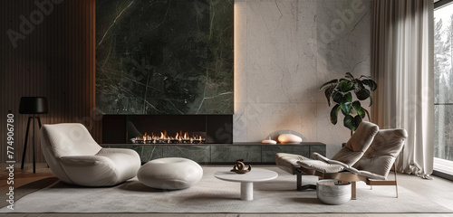 Emerald green stone, minimalist fireplace, and calming decor in a chic modern home.