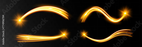 Light wave,shiny gold lines.Color glowing design element.Wavy bright stripes.Vector illustration.
