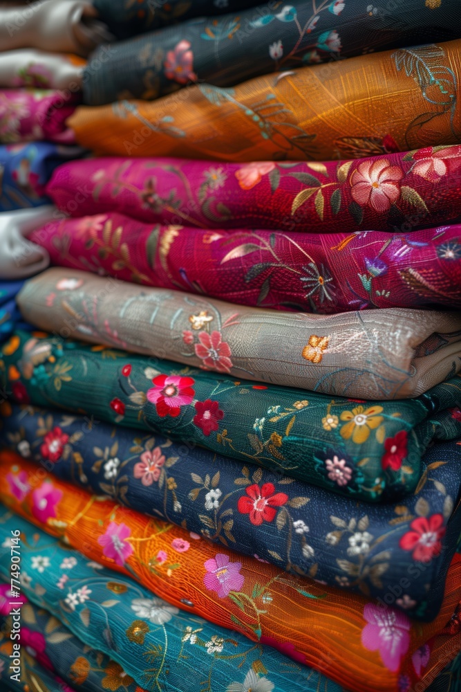 Stack of Embroidered Silk with Floral Patterns Stack of Embroidered Silk with Floral Patterns